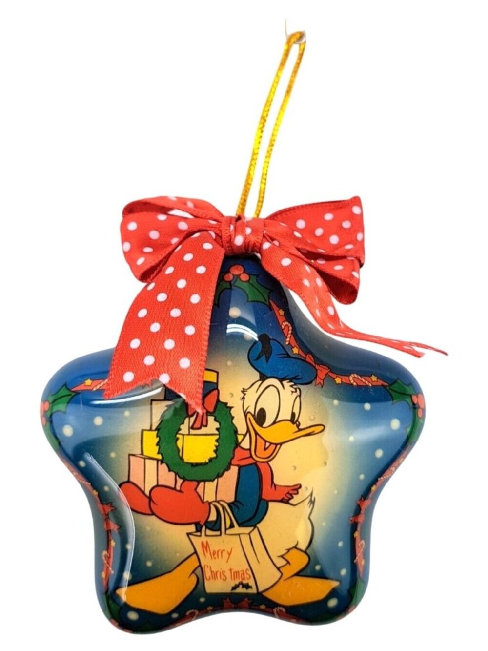 Vintage Donald Duck Christmas Ornament Puffed Star Shape Red Bow Disney Holiday